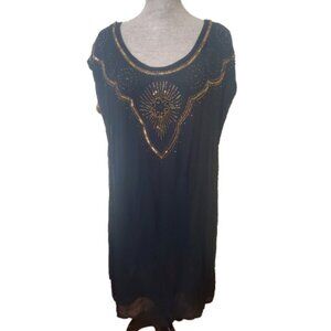Lucky Brand Made in India Black Gold Beaded Tunic Shirt Dress Size XL Bohemian